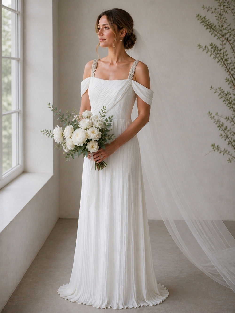 NWT DB Studio Pleated Wedding Dress Size 14 Beaded Strap Drop Shoulder